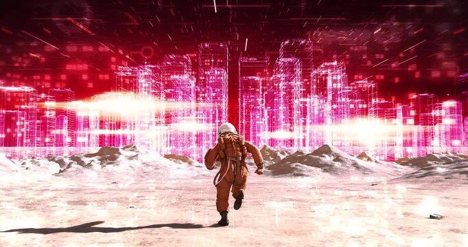 Astronaut running on futuristic terrain towards high tech virtual metaverse city. Abstract Digital Space City Concept.