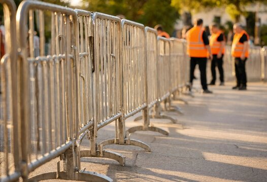 Organized steel barricades on a sunlit urban street with blurred security staff, symbolizing crowd control, public safety, event management, security infrastructure, and city organization.