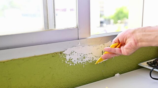 Hand applying wall filler with putty knife during interior renovation process, home transformation and surface preparation work