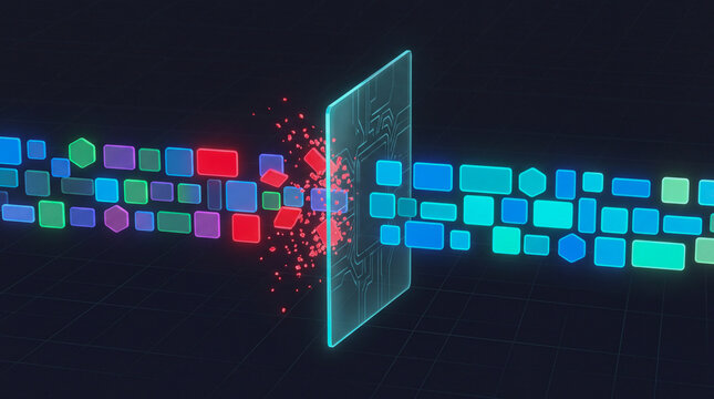 Data filtering and social media content moderation concept 3d illustration of digital blocks passing through firewall screen