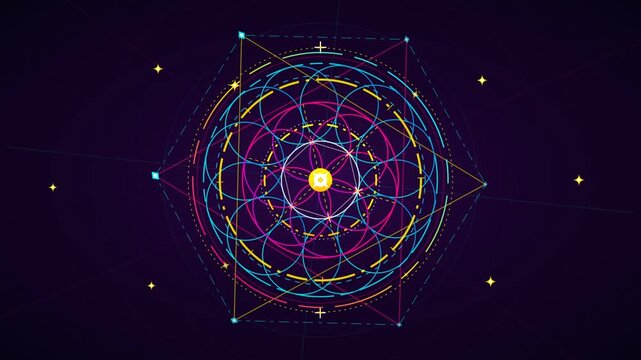 Animated colorful sacred geometry mandala rotating seamlessly on dark background