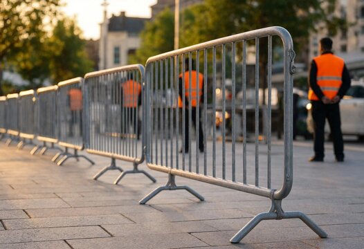 Organized steel barricades on a sunlit urban street with blurred security staff, symbolizing crowd control, public safety, event management, security infrastructure, and city organization.