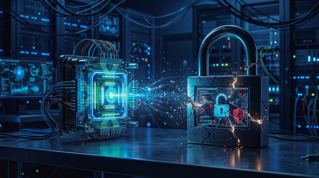 Quantum cybersecurity risks concept showing glowing processor breaking digital encryption padlock in server room