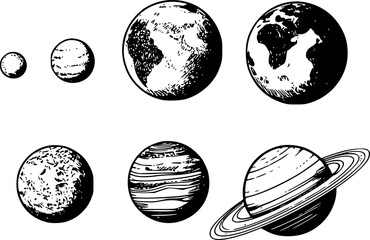 宇宙における太陽系のさまざまな惑星を描いた、ヴィンテージスタイルの白黒イラストコレクション © simplevector