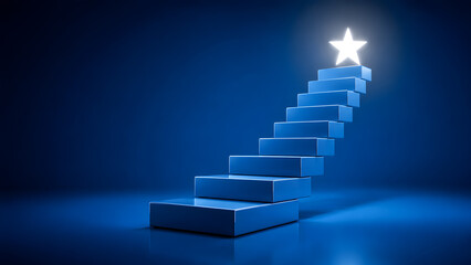 Obraz premium Staircase leading to a glowing star on a blue background, representing success, ambition, and personal growth