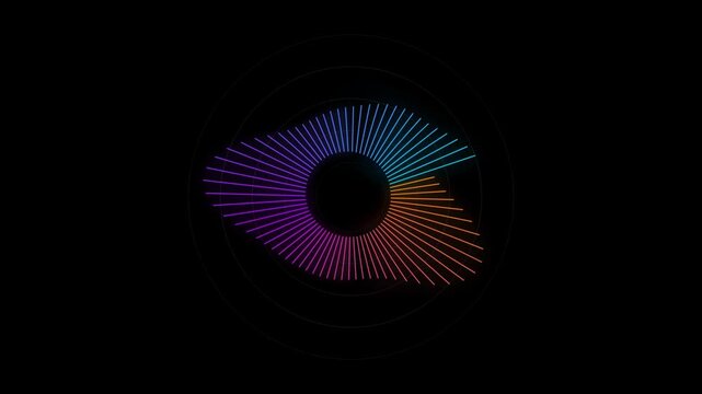 Abstract colorful glowing sound wave equalizer or audio frequency circle visualization element on black background