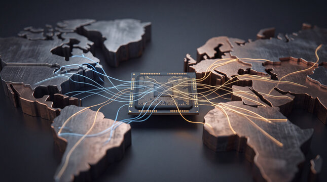 Semiconductor geopolitics concept with microchip connecting between metal world map continents