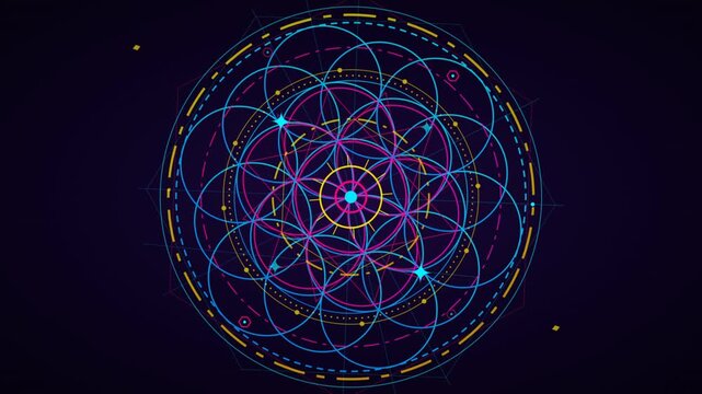 Animated neon sacred geometry mandala with glowing colorful geometric circular patterns on dark background