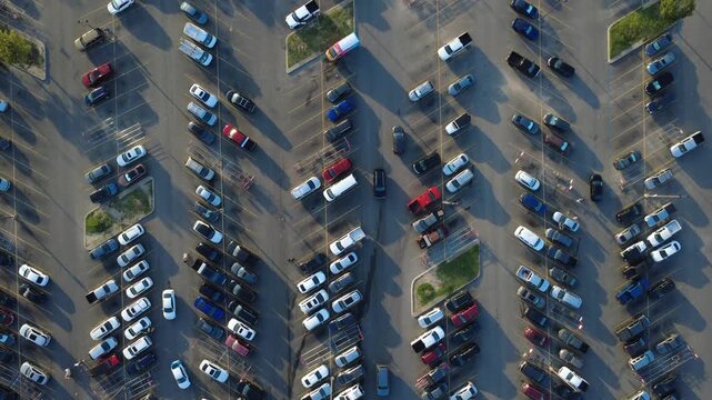 Green landscape islands accent systematic parking spaces filled with West Side grocery shoppers along Potranco Road. Heavy foot traffic moves across wide asphalt bays, San Antonio, Texas