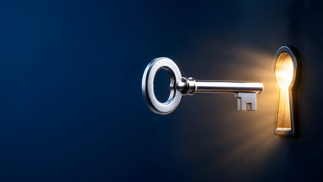 A metal key inserting into a glowing keyhole on a dark blue background, symbolizing solutions, access, and opportunities