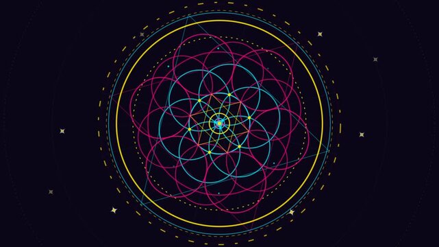 Animated sacred geometry flower of life pattern rotating on a dark background with neon light lines.