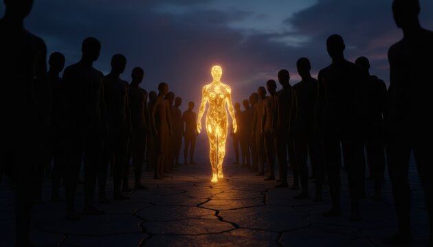 Glowing human figure walking among silhouettes symbolizing individuality enlightenment and inner transformation