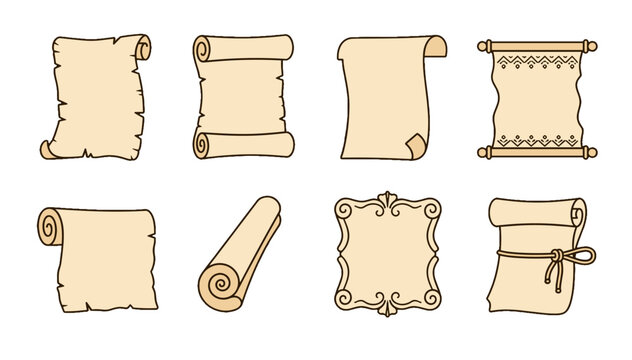 Set of vintage parchment scrolls and decorative paper banners