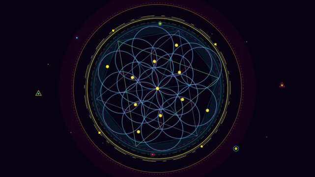 Animated sacred geometry Flower of Life pattern rotating on a dark background.