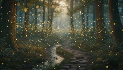 Naklejka premium Magical firefly forest scene with glowing lights suggesting myth and fantasy in a woodland during evening