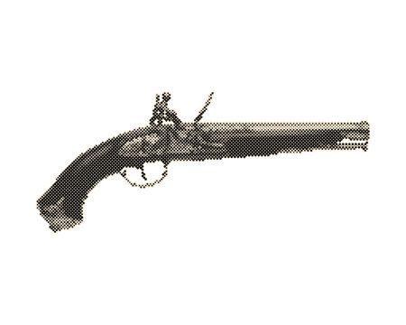 Vintage flintlock pistol with ornate engravings and gold accents. Retro halftone vector illustration of antique firearm with circle dot pattern iso...