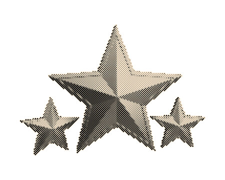 Set of three golden vintage retro halftone stars with circle dot pattern. Classic decorative award icons for design and print projects isolated on...