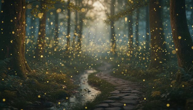 Magical firefly forest scene with glowing lights suggesting myth and fantasy in a woodland during evening