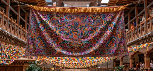 Obraz premium Intricately patterned silk tapestry featuring deities, displayed prominently within a colorful Bhutanese festival scene.