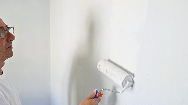 Professional painter applying final white paint coat with roller during interior decoration, home renovation and modern interior makeover