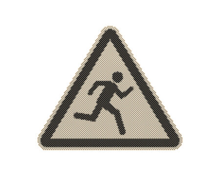 Children crossing street warning sign with running kid silhouette. Vintage retro halftone vector pedestrian safety triangle icon isolated on transp...
