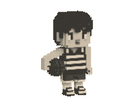 Vintage retro pixel art boy holding basketball isolated on transparent background. 8-bit halftone vector character with circle dot pattern for gami...
