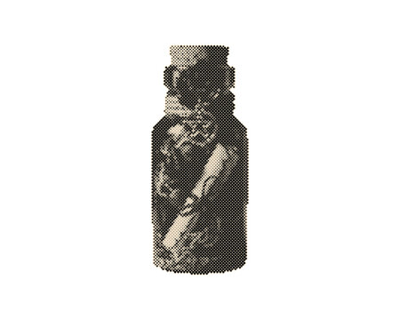 Vintage perfume bottle with red rose and handwritten note isolated on transparent background. Retro halftone glass container featuring circle dot p...