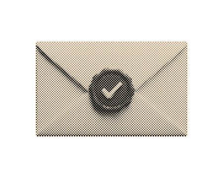Vintage love letter envelope with red halftone heart seal. Retro halftone circle dot pattern mail stationery isolated on transparent background