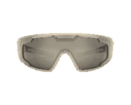 Vintage retro sunglasses with blue gradient lenses and orange frame design. Stylish retro eyewear featuring halftone circle dot pattern isolated on...