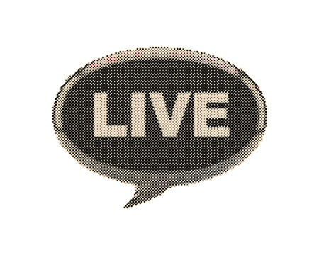 Live broadcast speech bubble icon with bold retro halftone texture. Vintage microphone announcement symbol isolated on transparent background