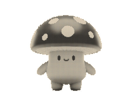 Cute cartoon mushroom mascot character with smiling face and polka dots. Adorable vintage halftone vector illustration of whimsical fungi mascot is...