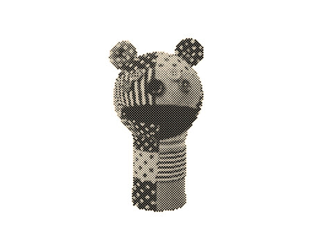 Vintage retro halftone teddy bear toy with colorful circle dots pattern. Classic polka dot stuffed animal illustration for kids and nostalgic desig...