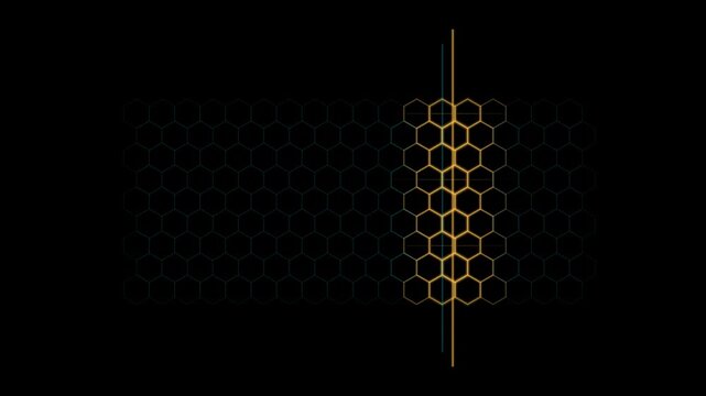 Abstract dark background featuring a golden honeycomb pattern with vertical glowing lines for technology design