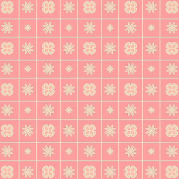Grid pattern with pale beige floral elements on soft coral pink background