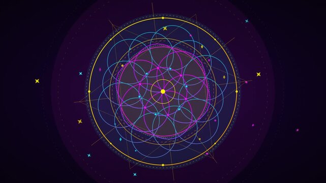 Animated sacred geometry mandala with rotating colorful circles on dark space background.