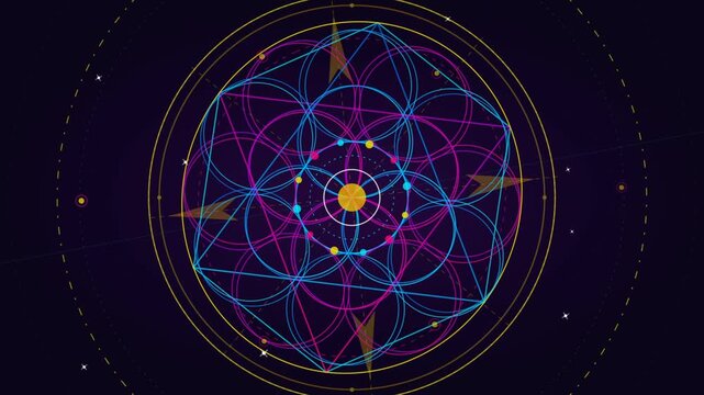 Animated sacred geometry mandala with rotating neon circles and cosmic symbols