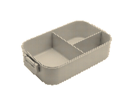 Vintage retro metal storage container with compartments for organization. Classic blue plastic organizer box with halftone circle dot pattern isola...