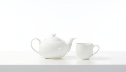 Fototapeta premium Minimalist white ceramic teapot and cup set on white background.