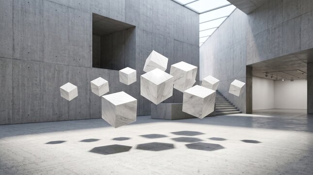 modern interior design concrete architecture minimalist space floating cubes marble block sculptures contemporary art gallery industrial loft style large open hall