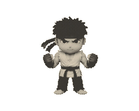Cartoon karate kid in fighting stance with red gloves and black belt. Aggressive young martial arts fighter character illustration for sports and a...