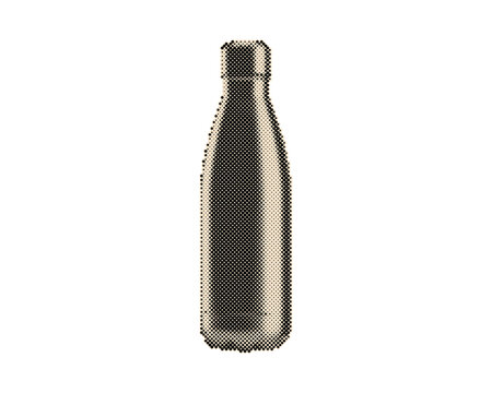 Vintage retro water bottle with halftone circle dot pattern design. Stainless steel insulated drink container isolated on transparent background