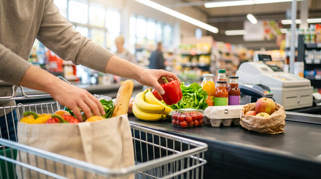 A person places items into a shopping cart at a grocery store. Fresh vegetables, fruits, and drinks are visible on the checkout counter. The store has various goods