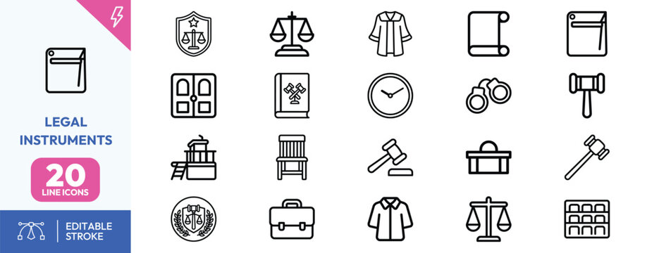 Legal symbols set. gavel, scales, judge robe, courthouse, law book, and more. Editable stroke. Vector illustration.