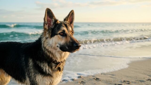 gerberian shepsky dog at beach close up in california coast morning light video