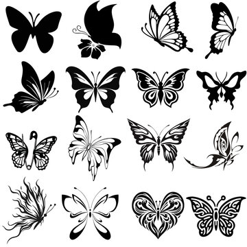 Black butterfly silhouettes. Cool outline butterflies romantic tattoo.