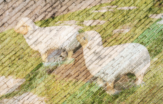 White sheep pattern on brick wall background.