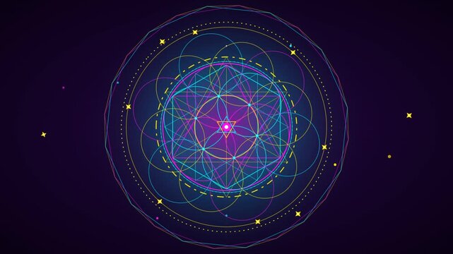 Glowing neon sacred geometry mandala rotating on dark space background