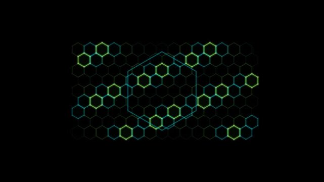 Abstract hexagonal digital network background with glowing green and blue tech data structures
