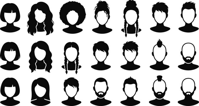 Set of human head silhouettes with various hairstyles, haircuts and beards for men and women, vector avatar icons collection