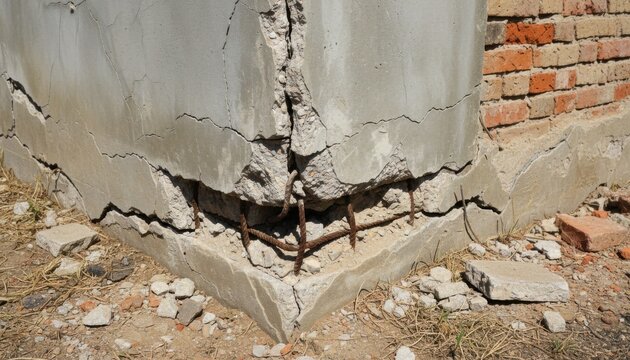 Cracked concrete corner exposes rusted iron rebar reinforcement inside damaged building structure revealing serious architectural decay problem